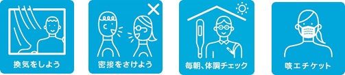 喚起をしよう。密接をさけよう。毎朝、体調チェック。咳エチケット。